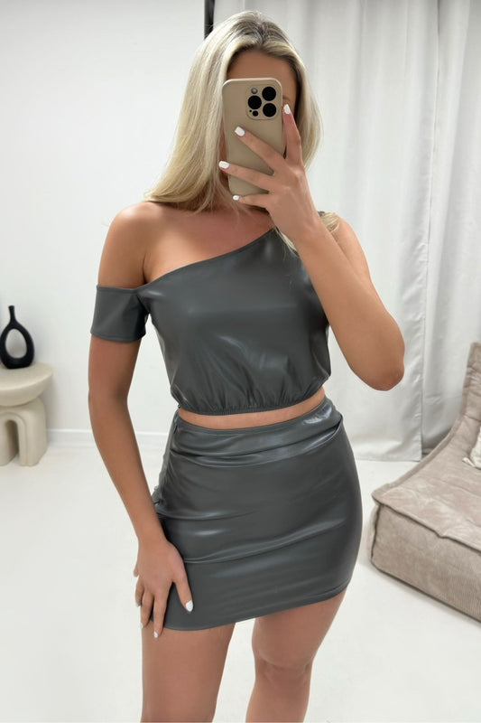 Madison Faux Leather Asymmetric Top and Mini Skirt Co-ord